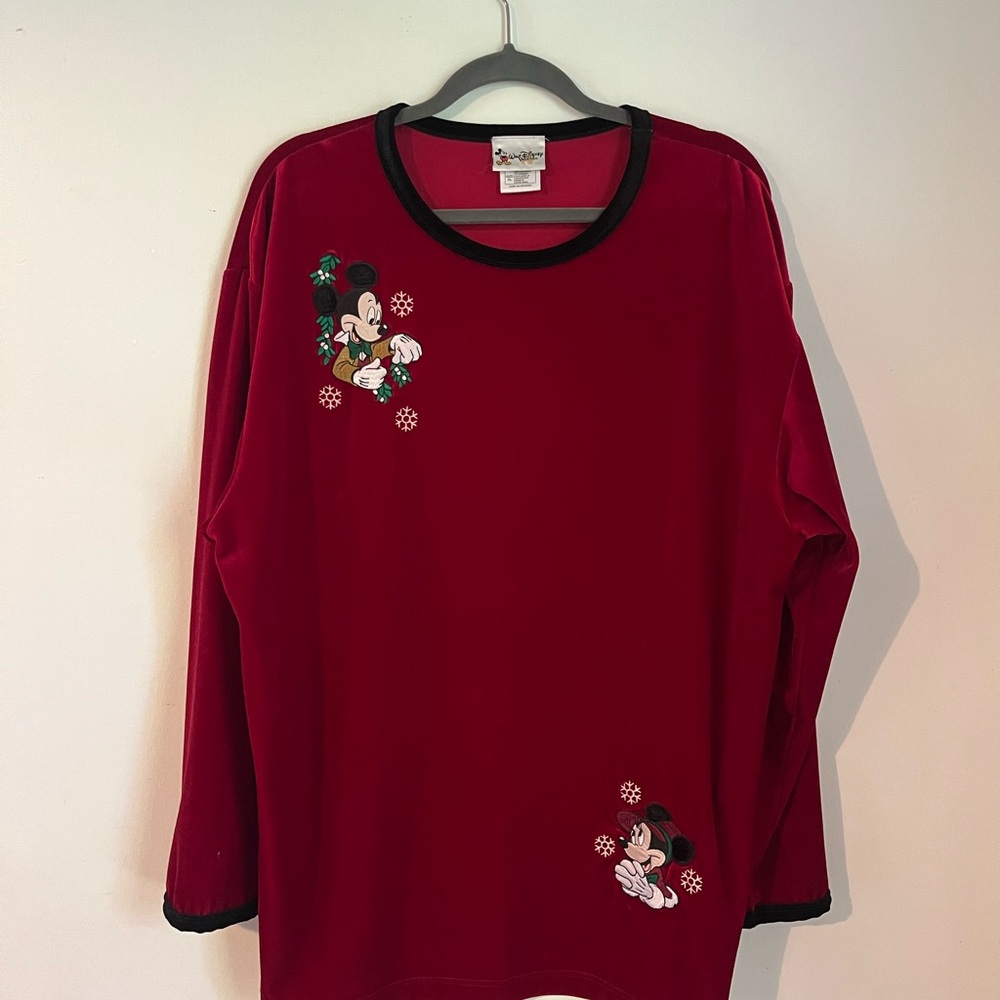 Vintage Disney Christmas Velvet Long Sleeve Top with Mickey Mouse Design